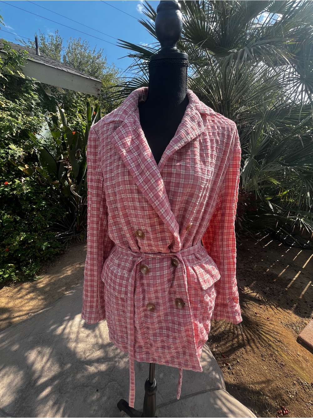 Free People Pink Plaid Double-Breasted Belted Blazer